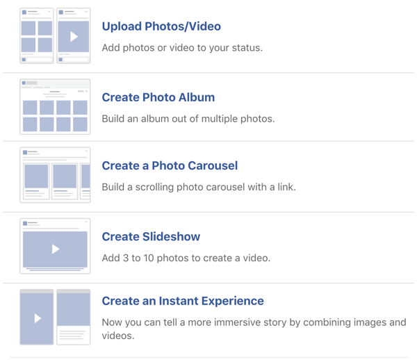 Esempio di opzioni di post di immagini e video di Facebook.