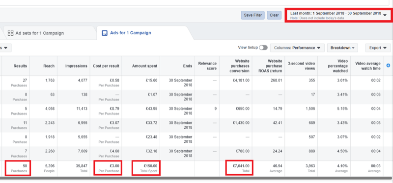 Strategia di social media marketing; Screenshot dell'analisi all'interno di Facebook Ads Manager.