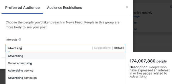 Dopo aver digitato un interesse, Facebook suggerirà ulteriori tag di interesse per te.