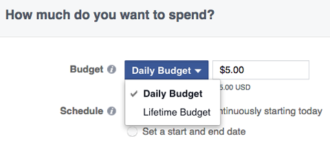 opzioni di budget per gli annunci di Facebook