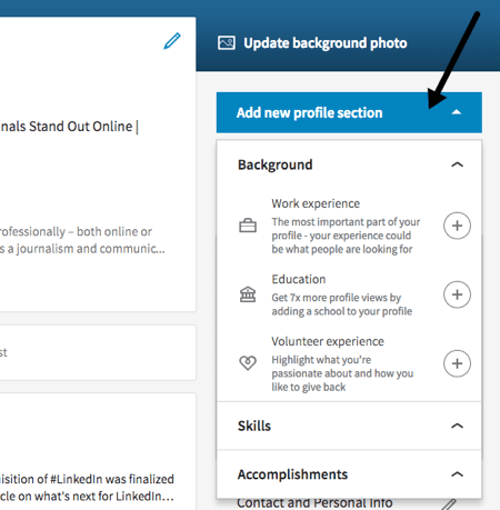 Aggiungi una nuova sezione dal tuo profilo LinkedIn o dalla barra laterale destra.