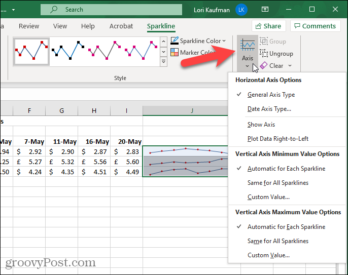 Pulsante Asse nella scheda Sparkline in Excel