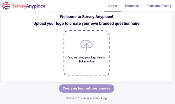 Benvenuto del sondaggio Anyplace e caricamento del logo per un questionario personalizzato.