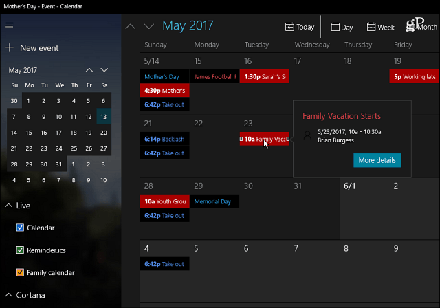 App Calendario di Windows 10