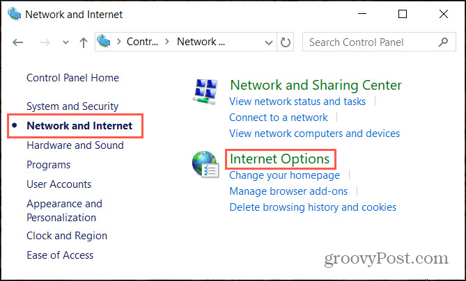 Opzioni Internet di rete nel Pannello di controllo di Windows