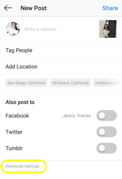 Come aggiungere testo alternativo ai post di Instagram, passaggio 1, nuova opzione di impostazione avanzata del post di instagram