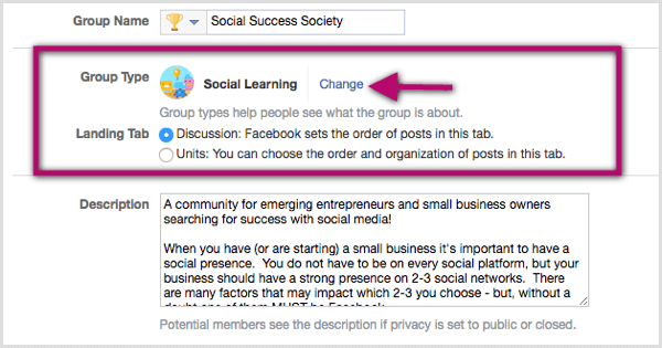 Fare clic sul collegamento Modifica accanto alla classificazione del tipo di gruppo esistente e selezionare Apprendimento sociale.
