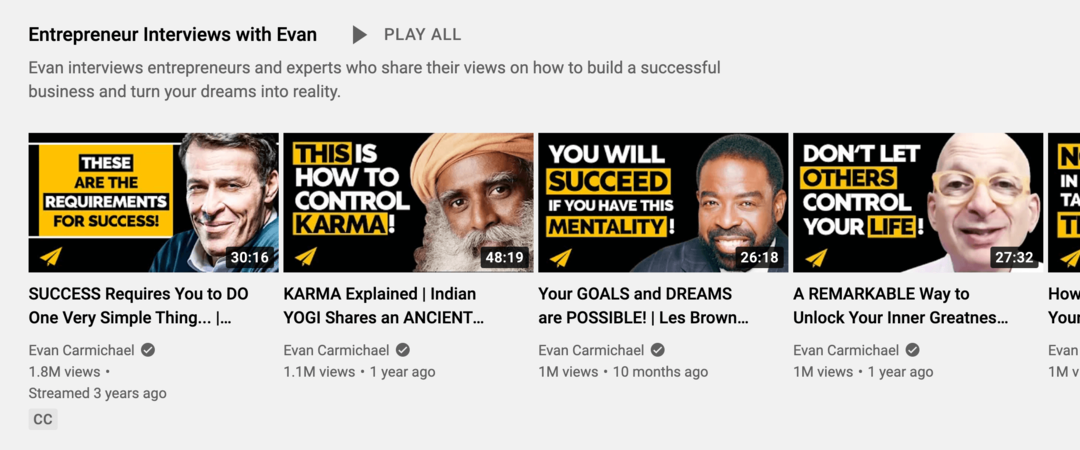 immagine della playlist di interviste all'imprenditore di YouTube con Evan sul canale YouTube di Evan Carmichael