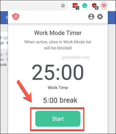 Avvio del timer della modalità di lavoro BlockSite