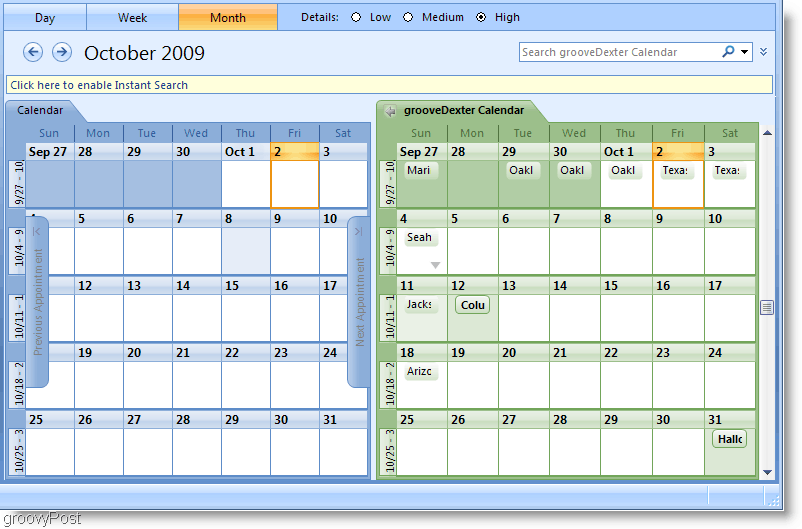 Schermata Calendario affiancato di Outlook 2007