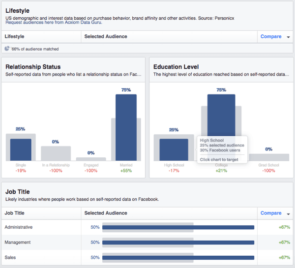 Visualizza un'analisi dei dati demografici del pubblico personalizzato di Facebook.