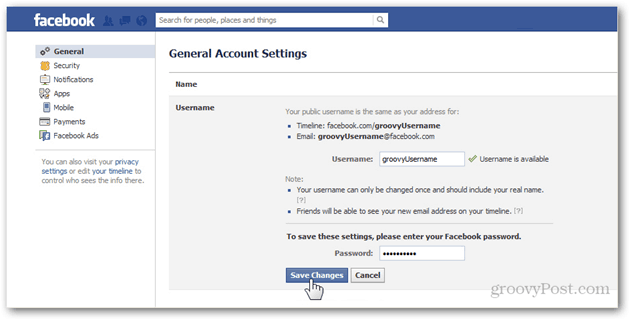facebook impostazioni generali dell'account preferenze gestione gestire nome utente generale nome utente password salvare modifiche confermare
