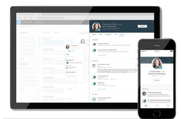 LinkedIn e Microsoft stanno portando approfondimenti LinkedIn personalizzati direttamente nella tua esperienza con Microsoft Office 365 integrando le schede profilo LinkedIn e Microsoft Office.