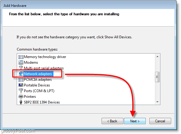Schermata di rete di Windows 7: selezionare le schede di rete