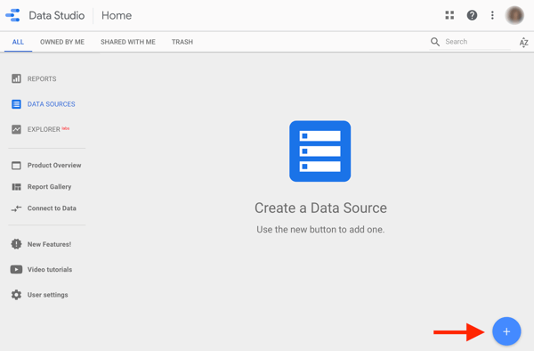Utilizza Google Data Studio per analizzare i tuoi annunci di Facebook, passaggio 1, opzione per creare un'origine dati in Google Data Studio