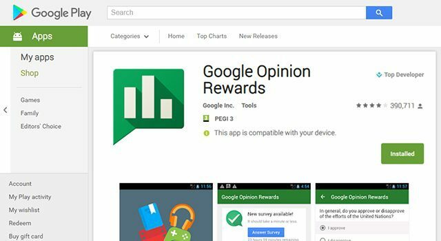 Guadagna credito Google Play gratuito con Google Opinion Rewards