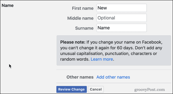 Rivedi le modifiche al nome di Facebook