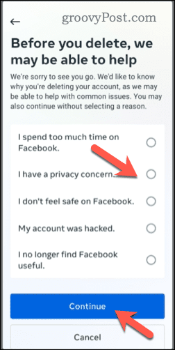 Scegliere di eliminare un account Facebook sul cellulare