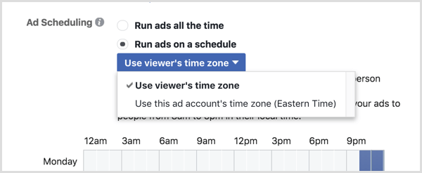 Scegli l'opzione Usa fuso orario del visualizzatore per la tua campagna Facebook.
