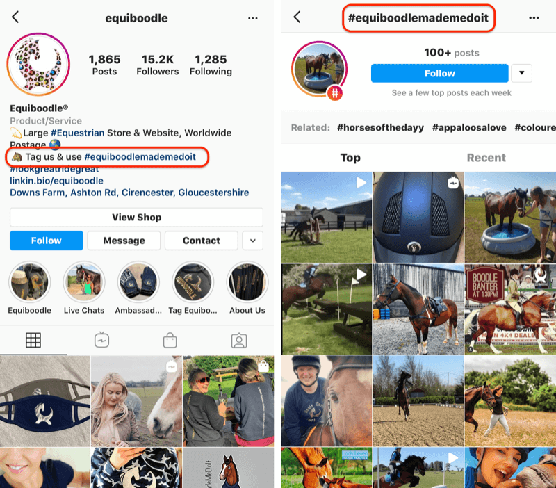 esempio di hashtag del marchio e CTA per UGC nella biografia aziendale di Instagram