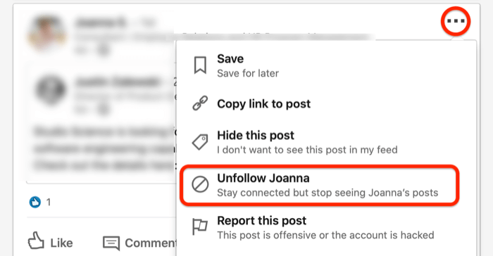 screenshot del... menu a discesa per un post LinkedIn con l'opzione Smetti di seguire cerchiata in rosso