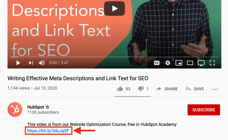 screenshot del video di YouTube che evidenzia un'offerta per l'acquisizione di lead nella descrizione del video di un corso di ottimizzazione del sito web