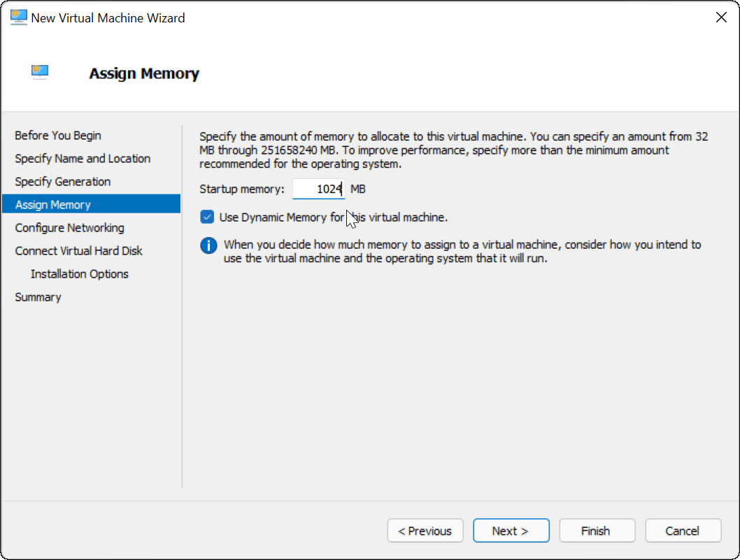 aggiungi la RAM virtuale VM Hyper-V