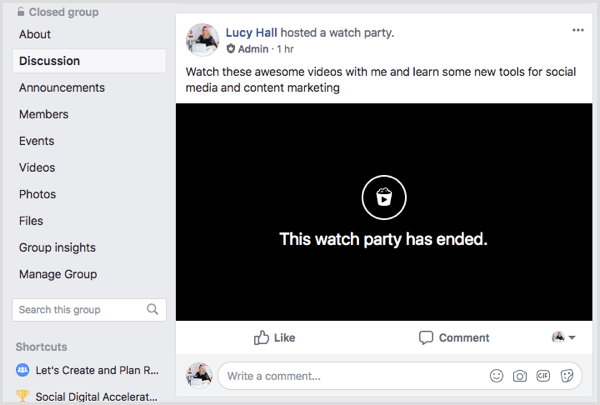 Un post di Facebook Watch Party nel feed del gruppo.