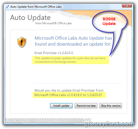 Screenshot dell'aggiornamento automatico di Microsoft Office Labs:: groovyPost.com