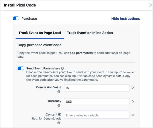 Imposta i parametri per generare il codice evento Facebook di cui hai bisogno.