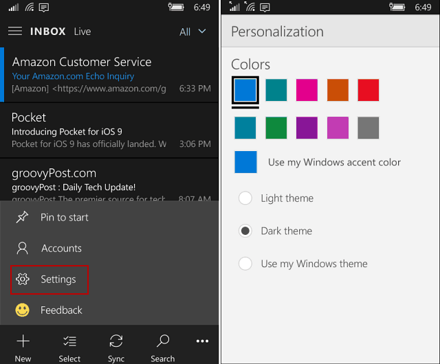 Outlook Mail e Calendario App su Windows 10 Mobile Guadagna tema scuro