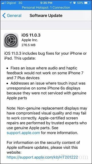 Apple iOS 11.0.3 - Apple rilascia un altro aggiornamento secondario per iPhone e iPad