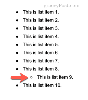 Un esempio di elenco a più livelli in Google Documenti