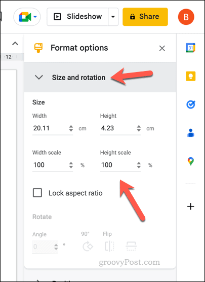 Opzioni di dimensione per una tabella di Presentazioni Google