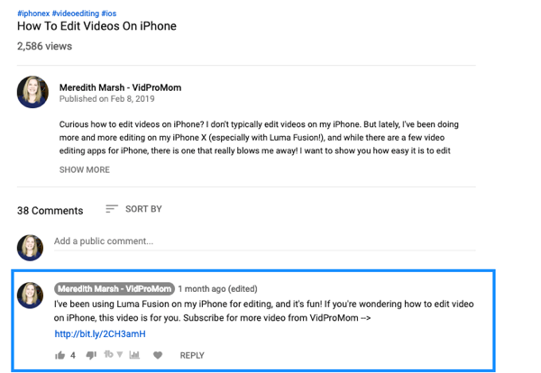 Come utilizzare una serie di video per far crescere il tuo canale YouTube, esempio di un commento video di YouTube appuntato con collegamento di Meredith Marsh