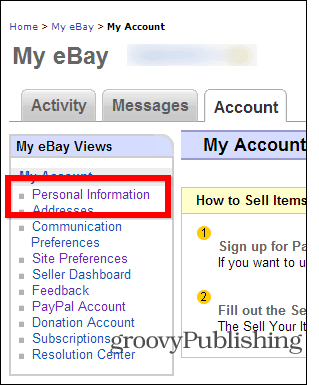 Informazioni personali per modificare le impostazioni dell'account password eBay