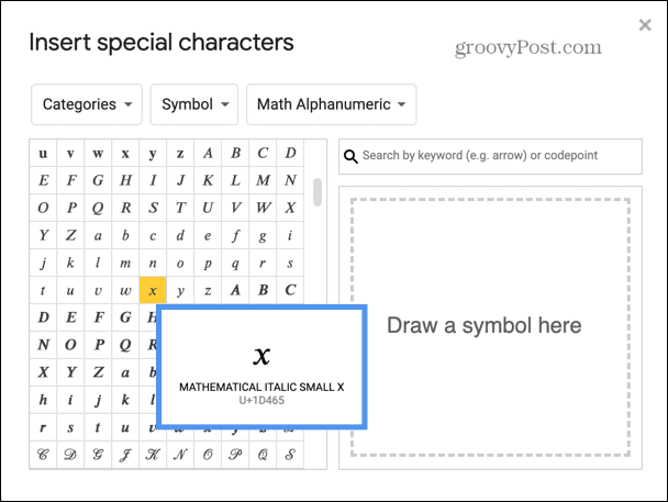Presentazioni Google seleziona la lettera algebra