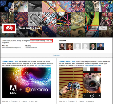 pagina della vetrina di Adobe Creative Cloud su LinkedIn