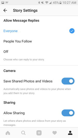 Usa le impostazioni per salvare automaticamente le foto e i video che aggiungi alla tua storia sullo smartphone