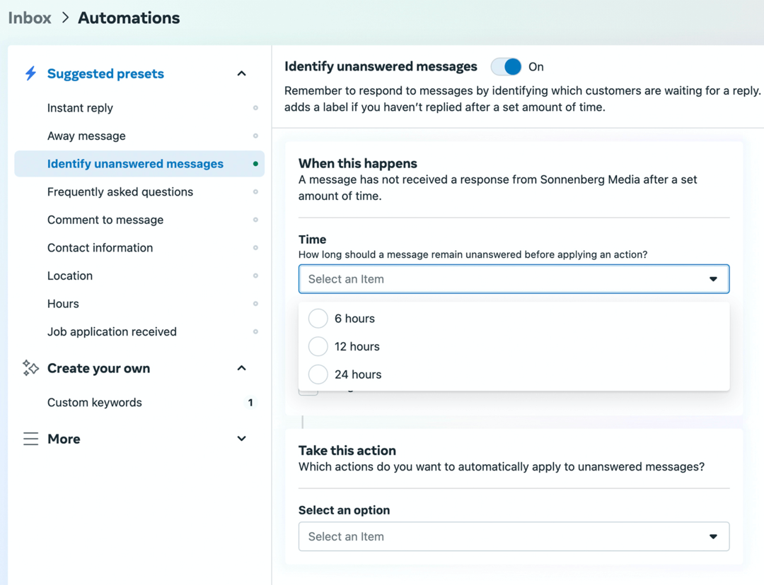 immagine della schermata di configurazione Identifica messaggi senza risposta in Meta Business Suite