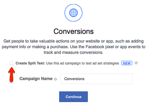 Seleziona la casella per creare uno split test per la tua campagna Facebook.