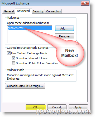 Schermata di Outlook 2010 aggiungere la scheda avanzata della cassetta postale