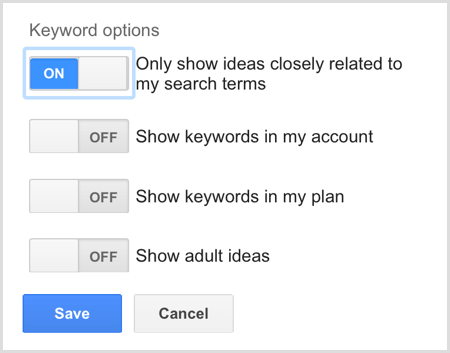 Opzioni delle parole chiave per la ricerca di Google AdWords Keyword Planner