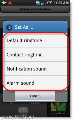 imposta l'audio come suoneria, notifica, sveglia o contatto