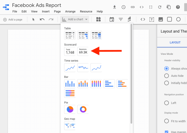 Utilizza Google Data Studio per analizzare i tuoi annunci di Facebook, passaggio 8, opzione per selezionare il grafico della scheda punteggi in Google Data Studio