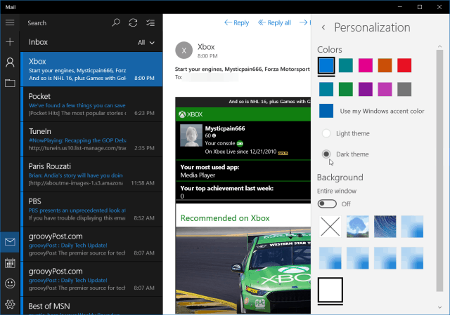 Tema scuro di Windows 10 Mail