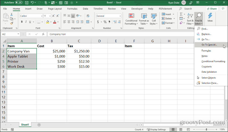 selezionando vai a speciale in Excel