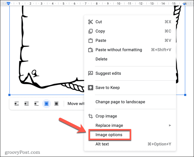 Apertura del menu delle opzioni dell'immagine in Google Docs
