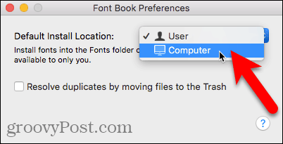 Seleziona Computer come posizione di installazione predefinita nel libro Font