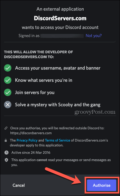 autorizzare l'elenco dei server discord
